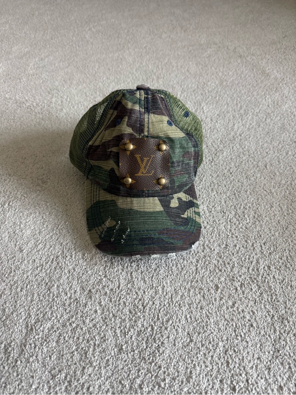 new vintage boho distressed camo hat with Louis Vuitton Patch